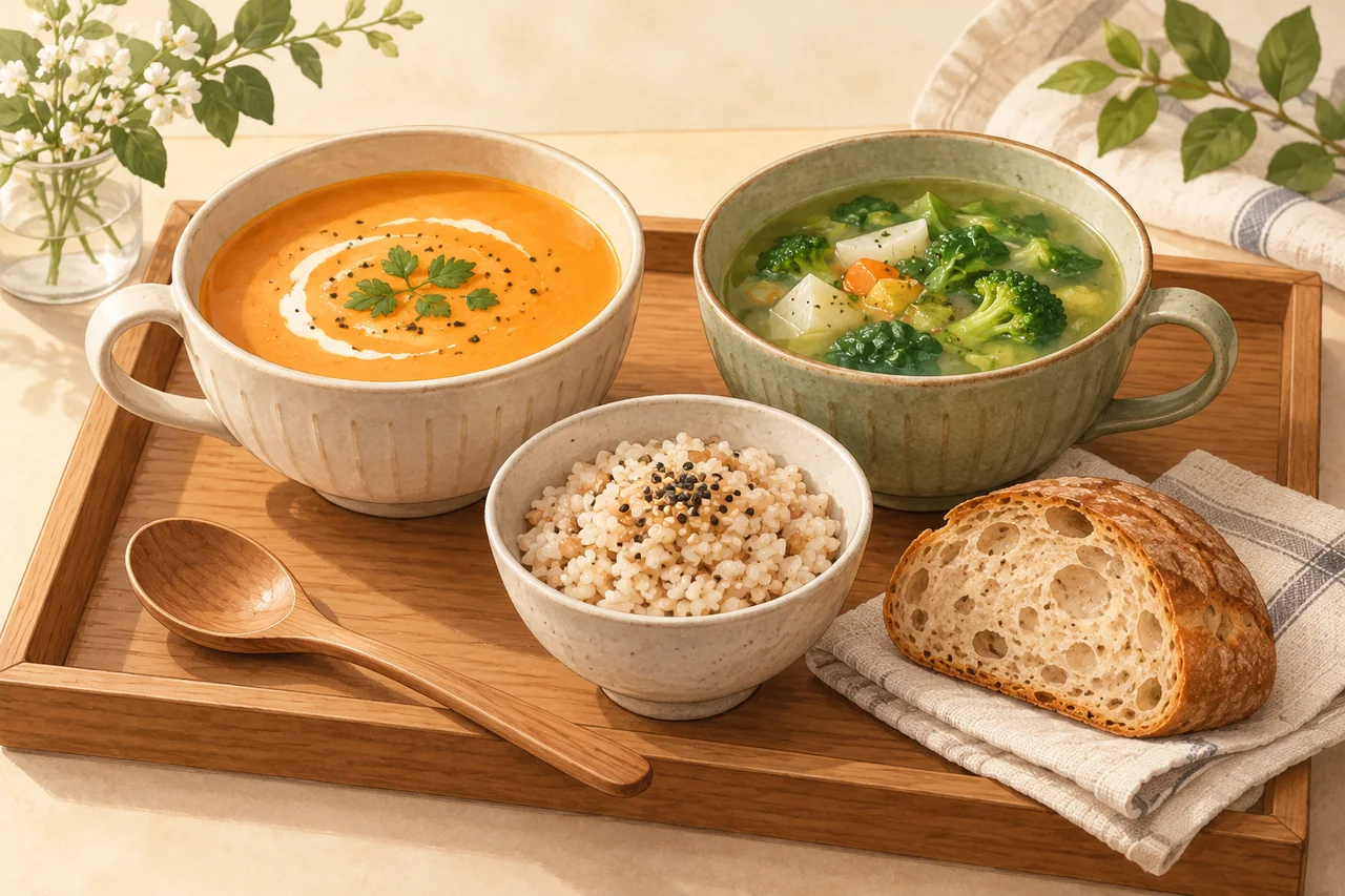 2種類のスープとご飯、パンを組み合わせた注文例のイラスト