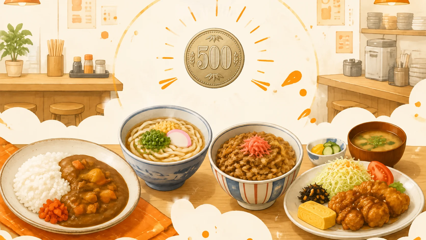 カレー、うどん、牛丼、日替り定食が並ぶ500円ランチのイメージ