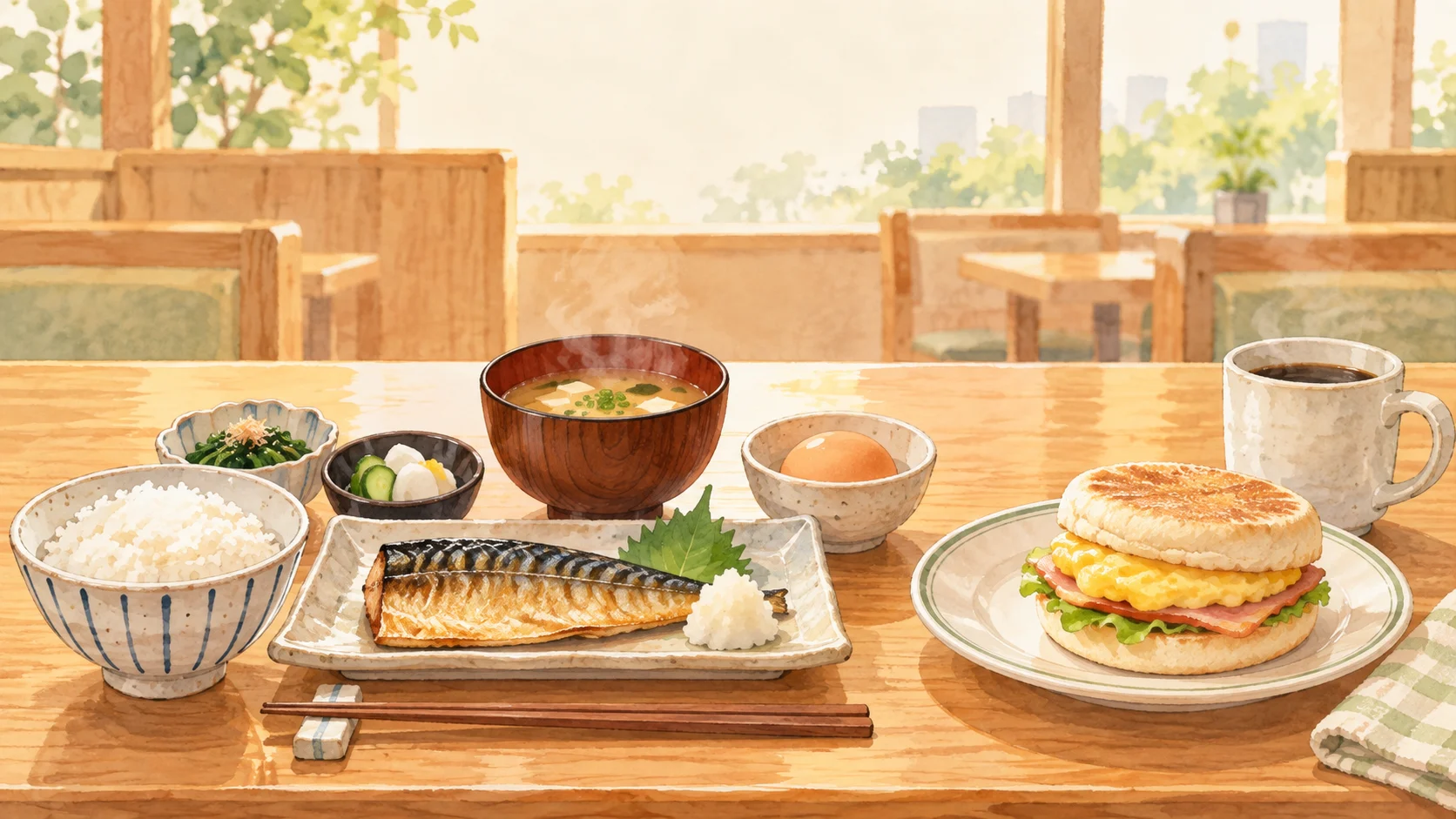 焼き魚朝食、卵、朝食サンド、コーヒーが並ぶチェーン店モーニングのイメージ