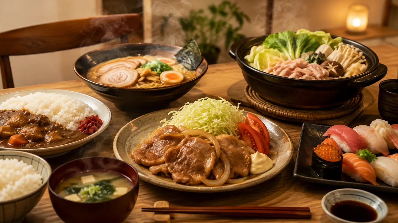 晩ご飯の候補として並ぶ生姜焼き、カレー、ラーメン、寿司、鍋料理