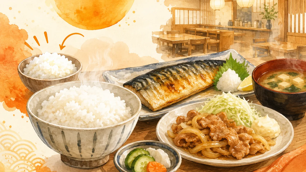 焼き魚と生姜焼きの定食に白いご飯のおかわりを添えたイメージ