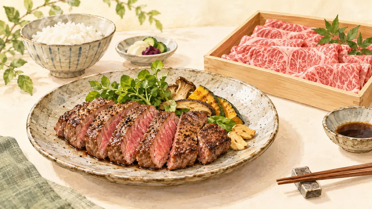 ステーキとすき焼き用の牛肉を描いた食卓のイメージイラスト
