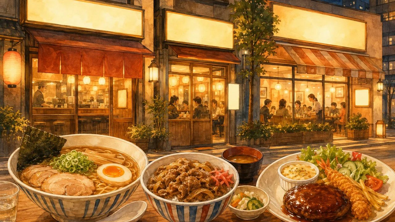 夜の街で営業する飲食店とラーメン、牛丼、ファミレス料理