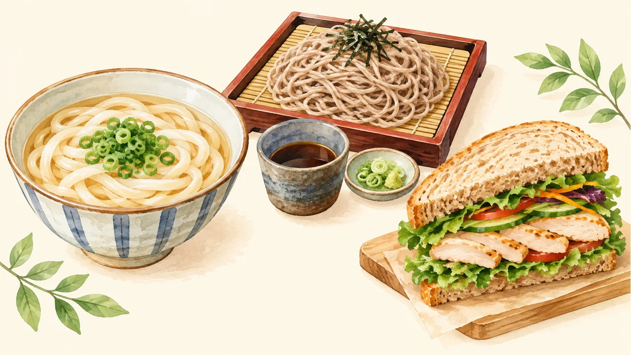 うどん・そば・チキンサンドを描いた外食選びのイメージイラスト。実際の商品写真ではありません