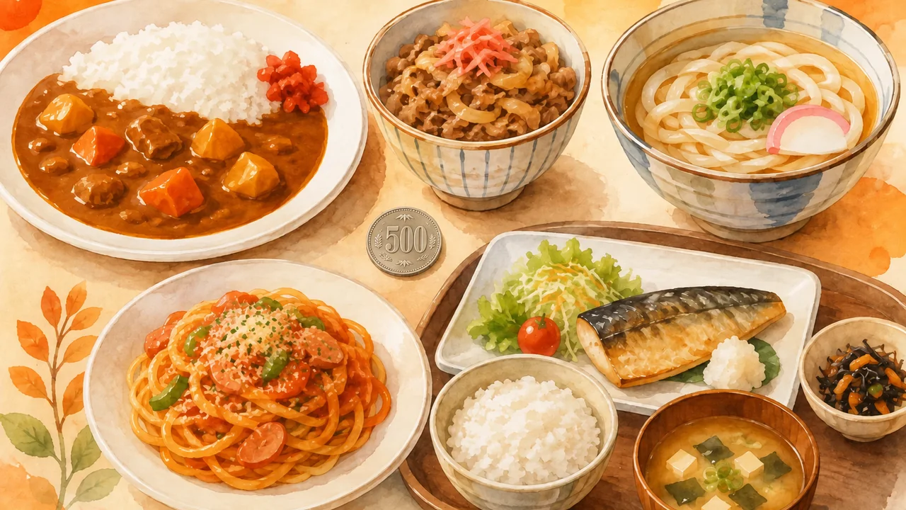 カレー、牛丼、うどん、パスタ、定食が並ぶワンコインランチのイメージ