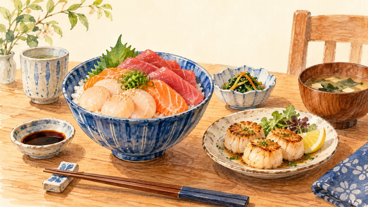海鮮丼とホタテ料理を並べた家庭の食卓のイラスト