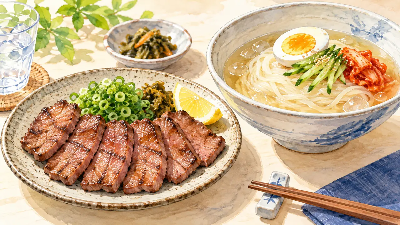 焼いた牛タンと冷麺を並べた食卓のイメージイラスト