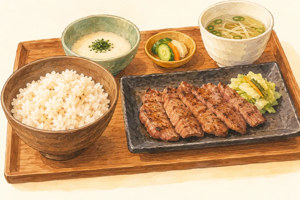牛たん・麦めし・とろろの定食を描いたAI生成のイメージイラスト