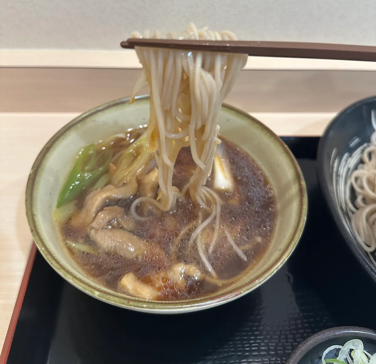 鴨肉とネギの入った温かいつけ汁にそばをつけたところ