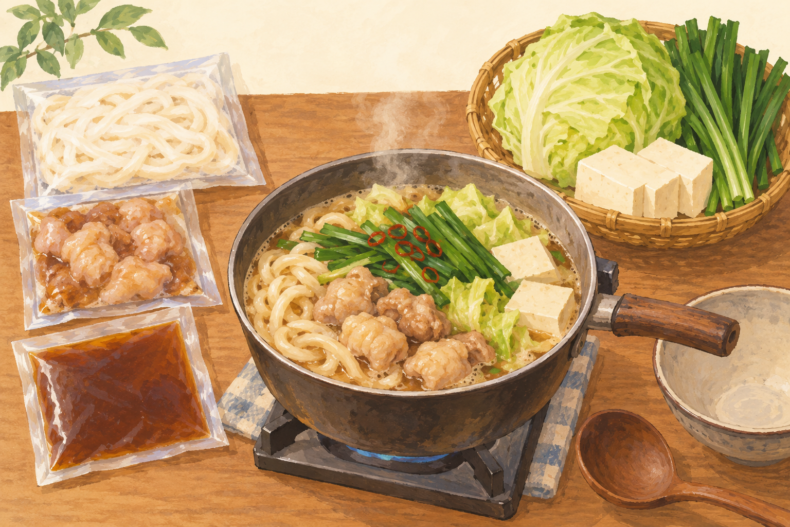 通販キットの麺・ホルモン・つゆと、別に用意する野菜・豆腐を描いたAIイラスト（実物の写真ではありません）