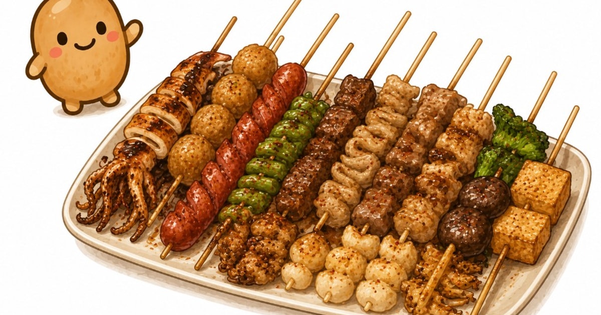 台湾夜市の串焼き盛りのイラスト